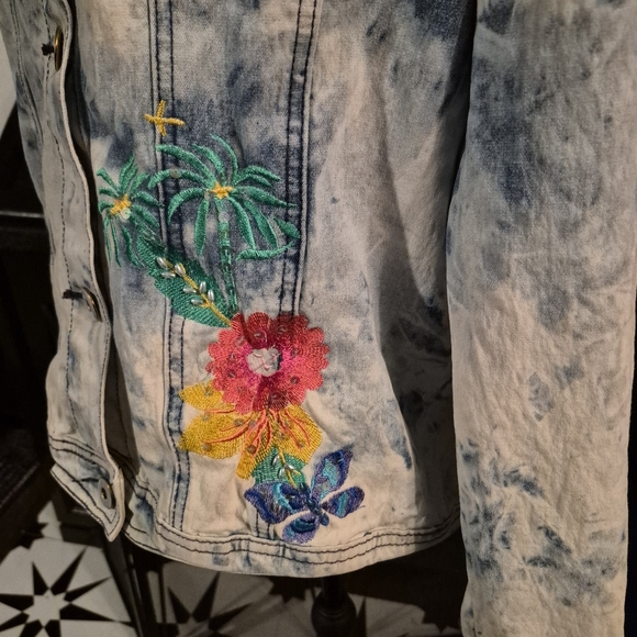 Retro Y2K Embroidered Sun Bleached Denim Jacket Diane Gilman 90s Tropical - Picture 2 of 7
